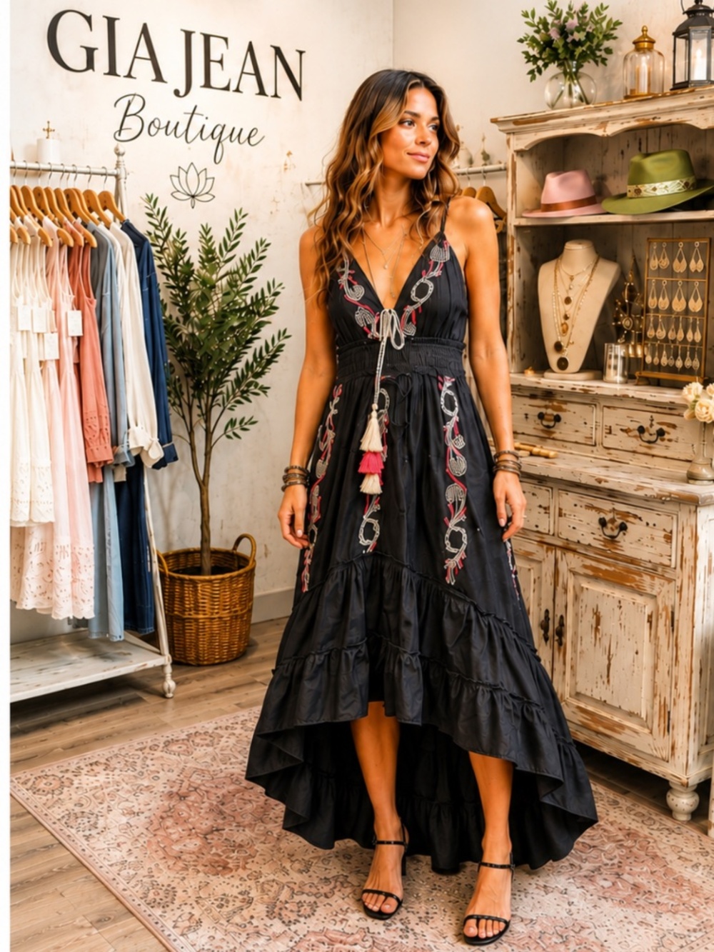 🎉 POL “ DEMI “ POL EMBROIDERED MAXI DRESS WITH RUFFLE AND TASSLE ACCENTS
